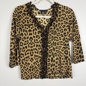 Dolcetti Leopard Print Ruffle V-Neck Women Medium Silk Top Brown Black Y2K